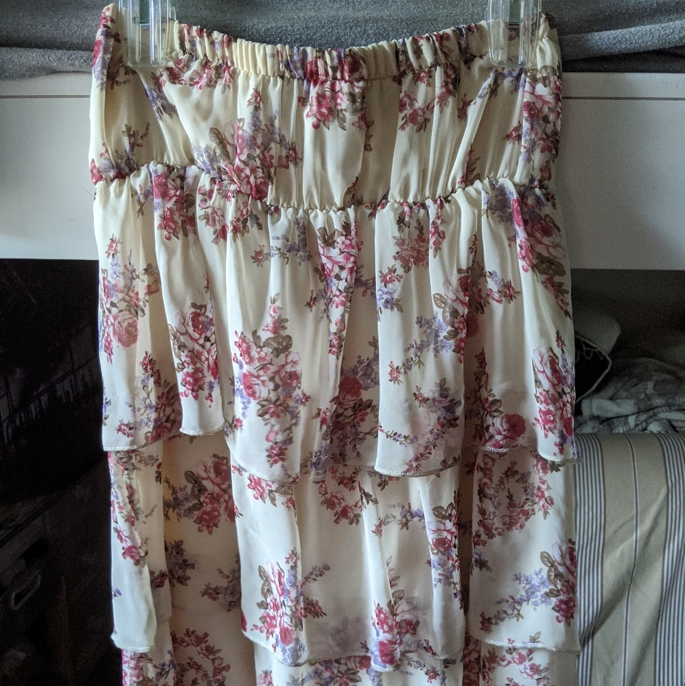 Strapless cream floral mini dress
